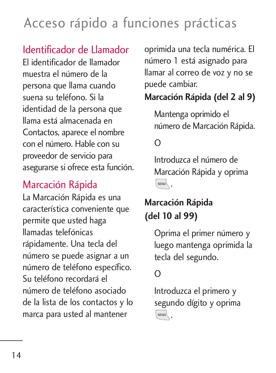 Acceso rápido a funciones prácticas, Identificador de llamador, Marcación rápida | LG LG235C User Manual | Page 116 / 217