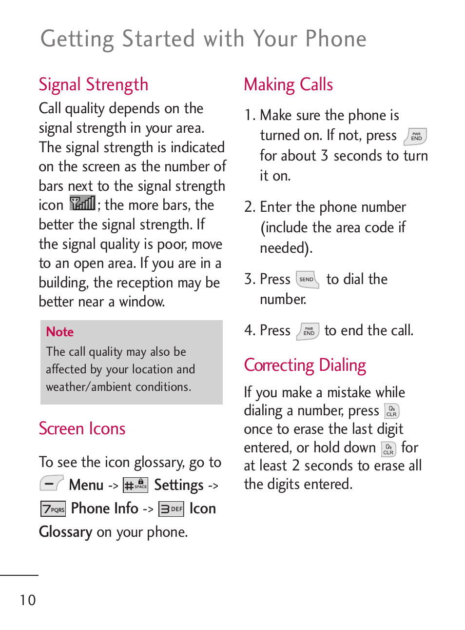 Getting started with your phone, Signal strength, Screen icons | Making calls, Correcting dialing | LG LG235C User Manual | Page 12 / 217