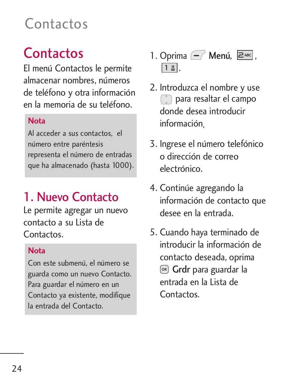 Contactos, Nuevo contacto | LG LG235C User Manual | Page 126 / 217