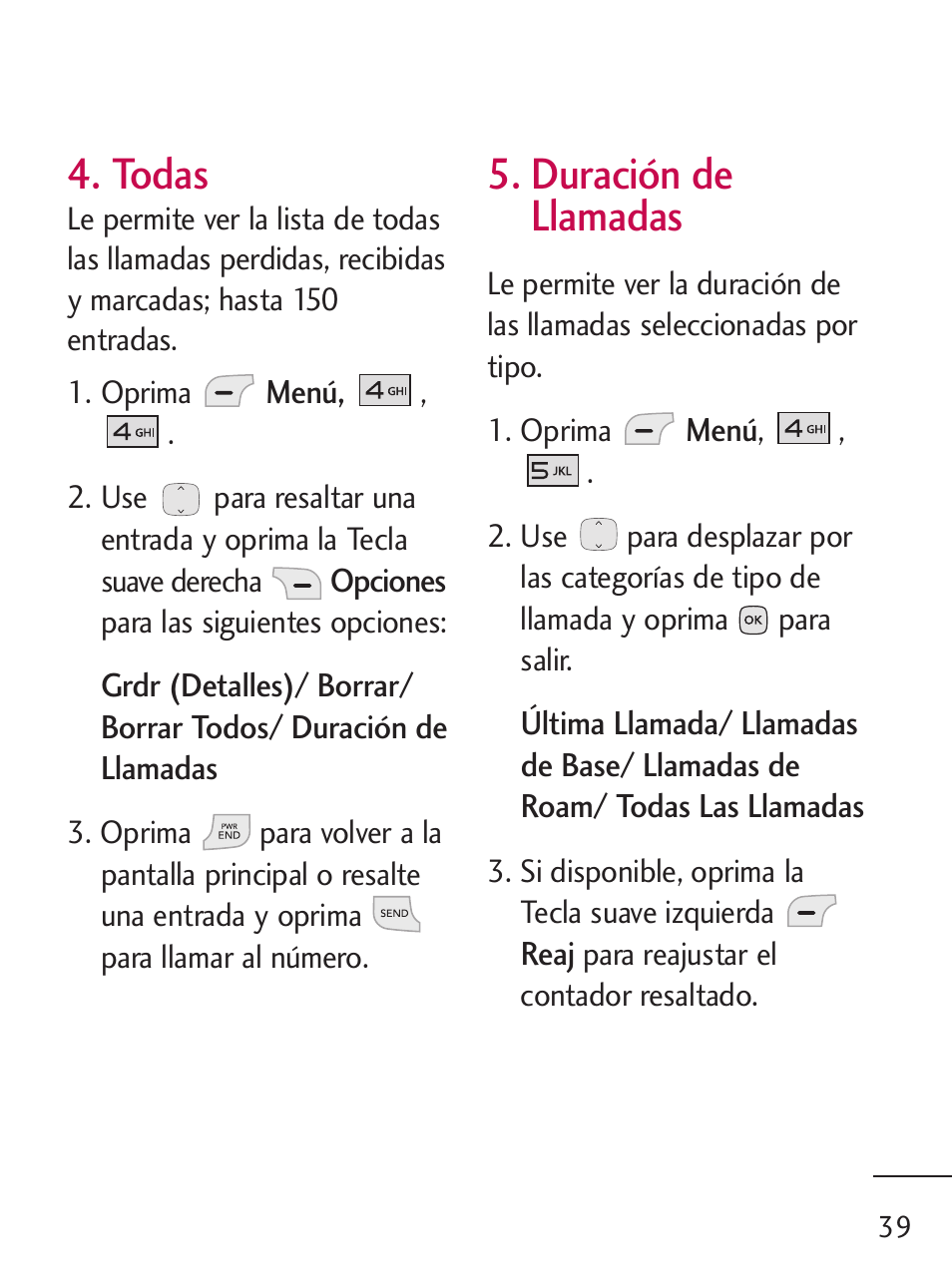 Todas, Duración de llamadas | LG LG235C User Manual | Page 141 / 217