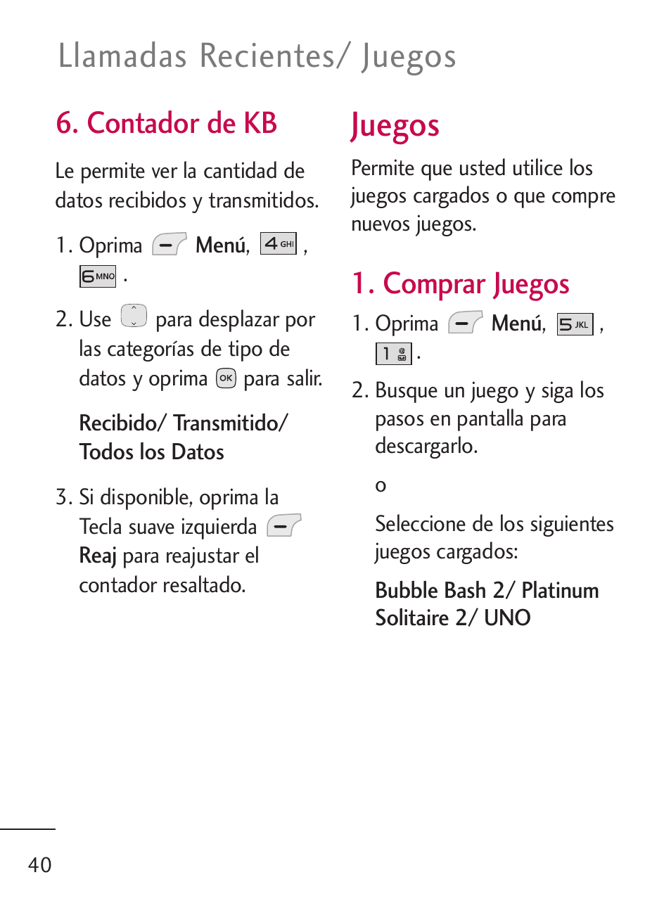 Juegos, Llamadas recientes/ juegos, Contador de kb | Comprar juegos | LG LG235C User Manual | Page 142 / 217