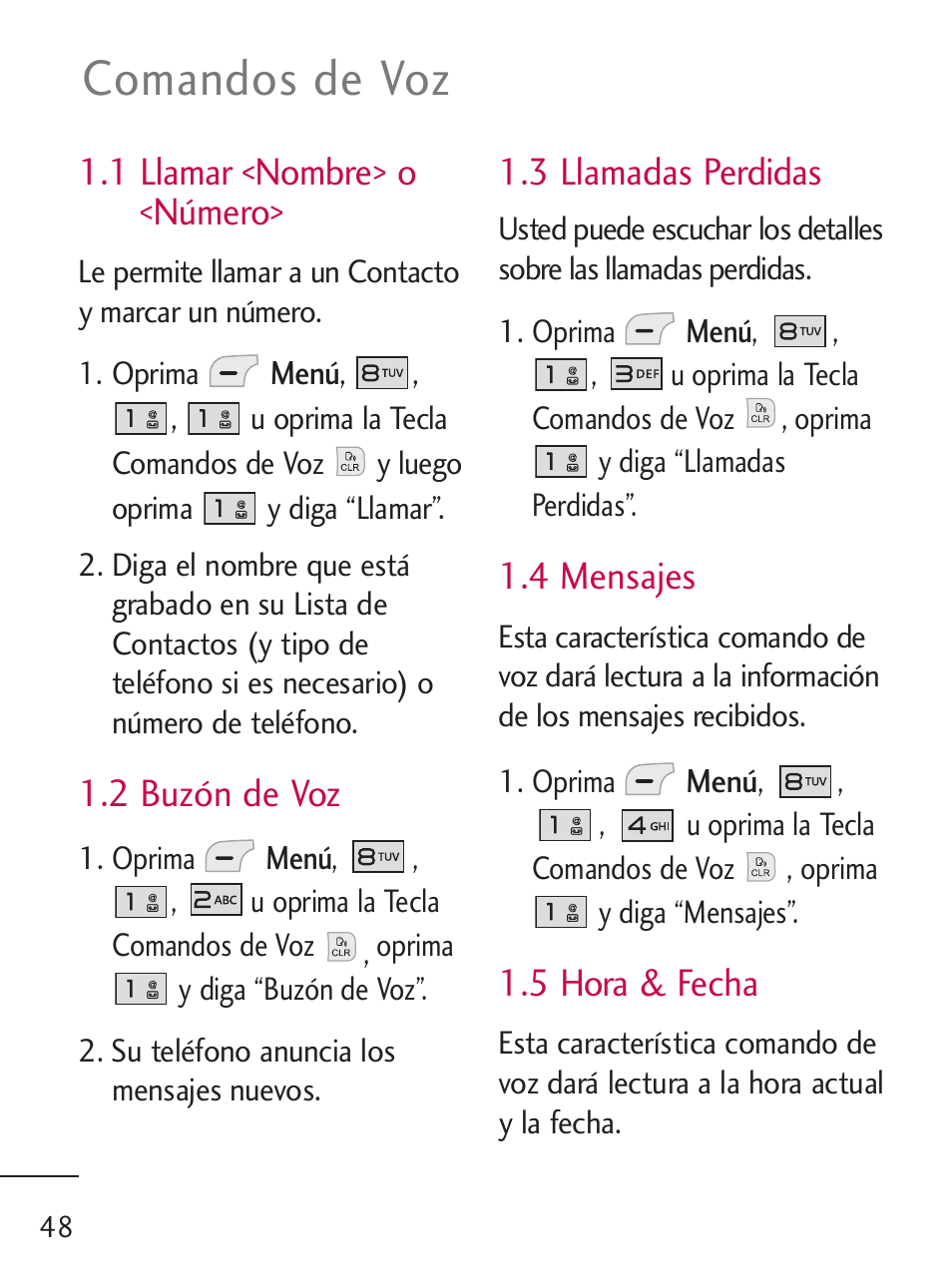 Comandos de voz, 1 llamar <nombre> o <número, 2 buzón de voz | 3 llamadas perdidas, 4 mensajes, 5 hora & fecha | LG LG235C User Manual | Page 150 / 217