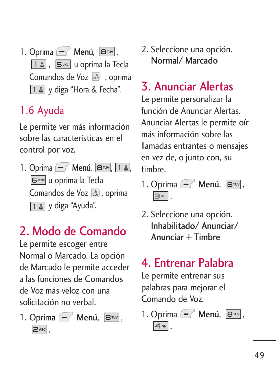 Modo de comando, Anunciar alertas, Entrenar palabra | 6 ayuda | LG LG235C User Manual | Page 151 / 217