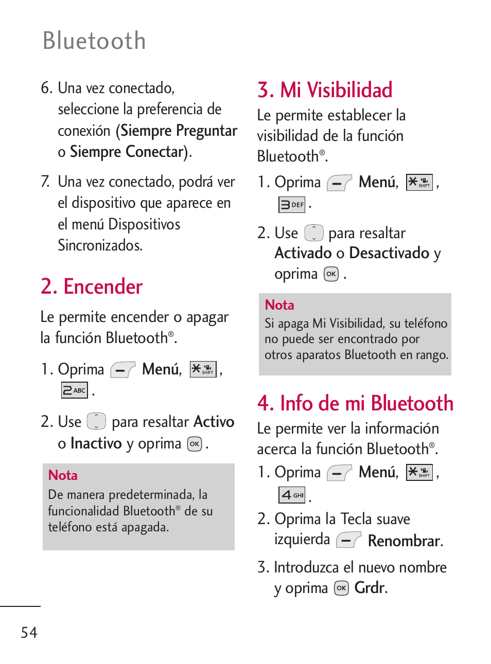 Bluetooth, Encender, Mi visibilidad | Info de mi bluetooth | LG LG235C User Manual | Page 156 / 217