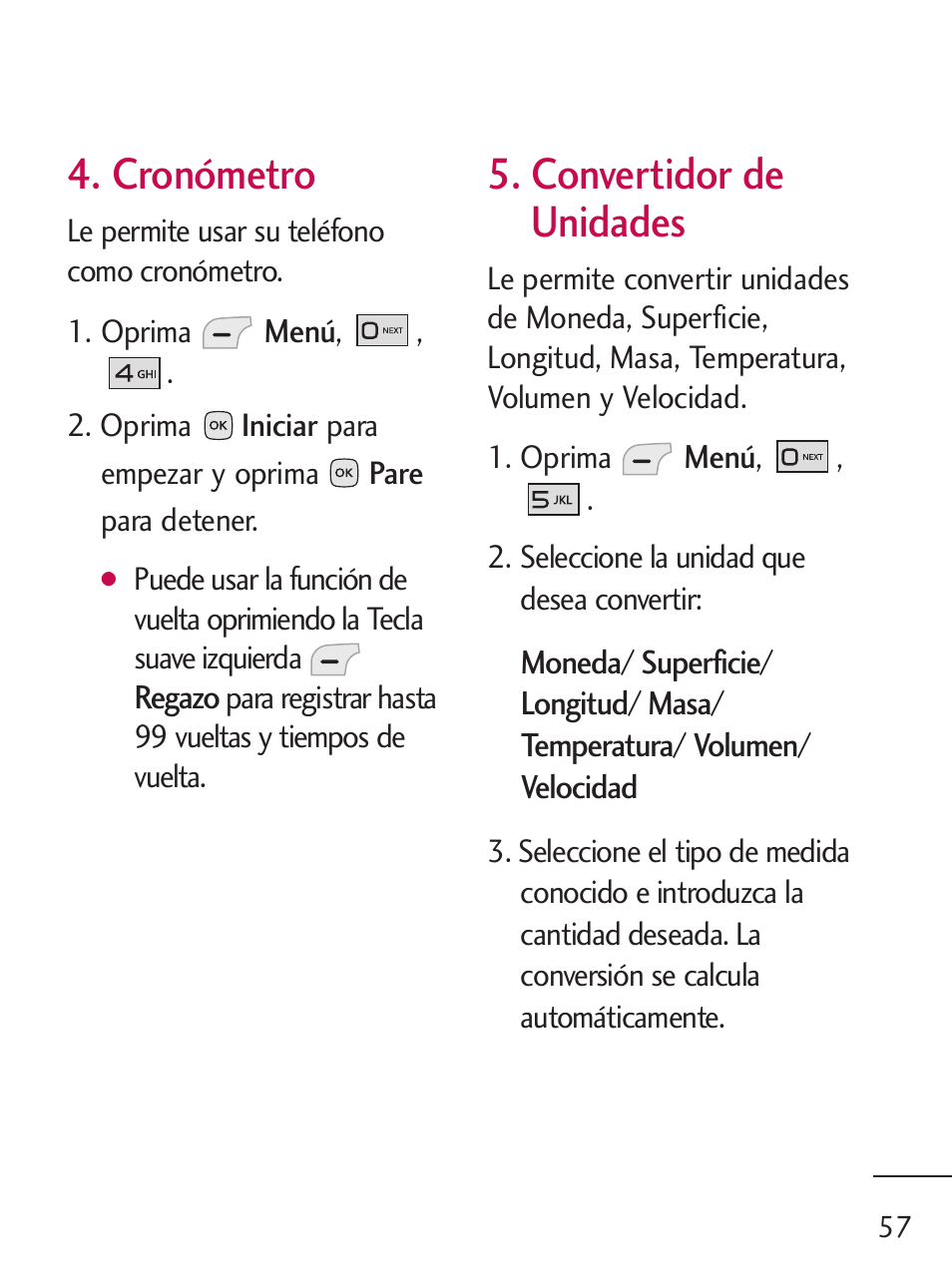 Cronómetro, Convertidor de unidades | LG LG235C User Manual | Page 159 / 217