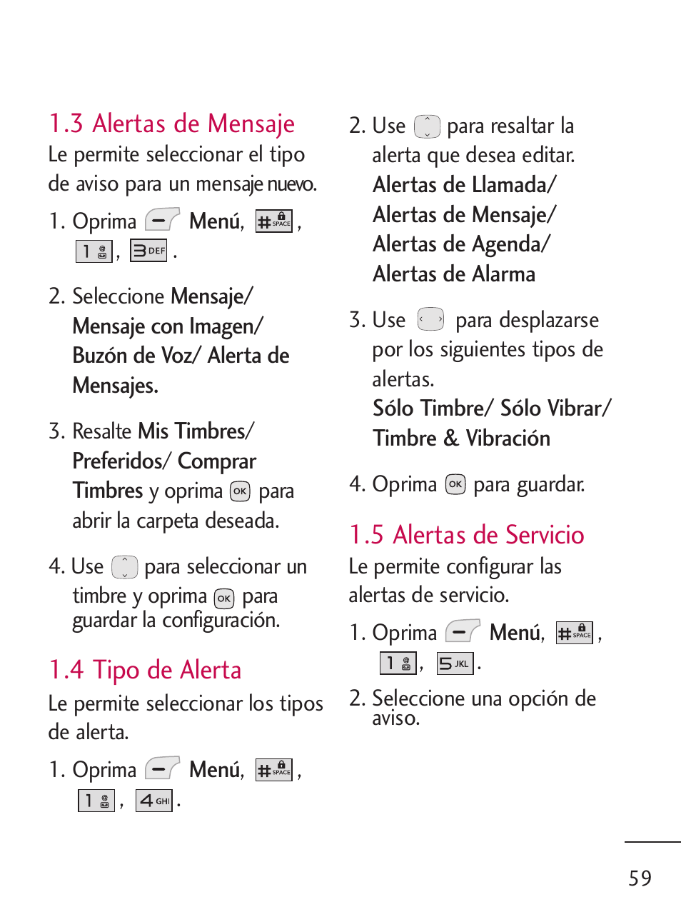 3 alertas de mensaje, 4 tipo de alerta, 5 alertas de servicio | LG LG235C User Manual | Page 161 / 217
