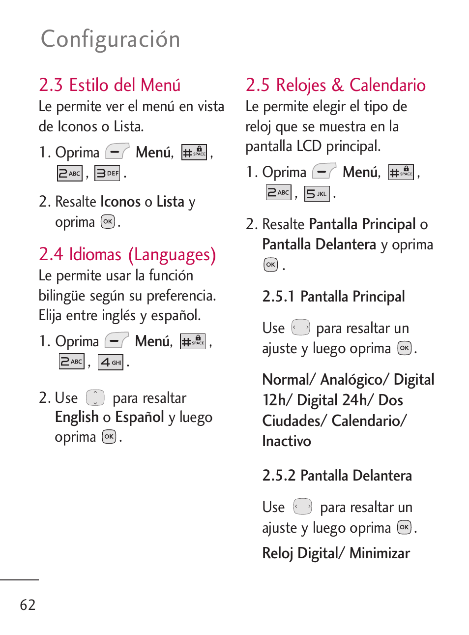 Configuración, 3 estilo del menú, 4 idiomas (languages) | 5 relojes & calendario | LG LG235C User Manual | Page 164 / 217