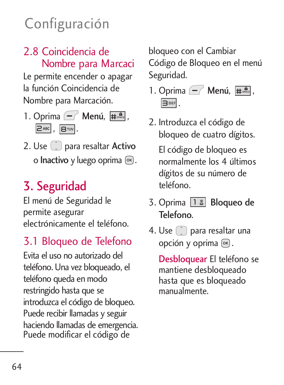 Configuración, Seguridad, 8 coincidencia de nombre para marcaci | 1 bloqueo de telefono | LG LG235C User Manual | Page 166 / 217