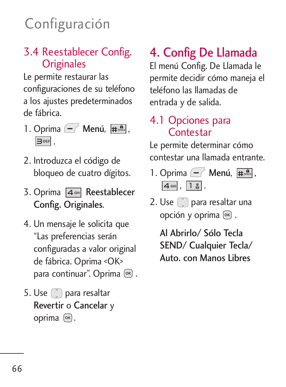 Configuración, Config de llamada, 4 reestablecer config. originales | 1 opciones para contestar | LG LG235C User Manual | Page 168 / 217