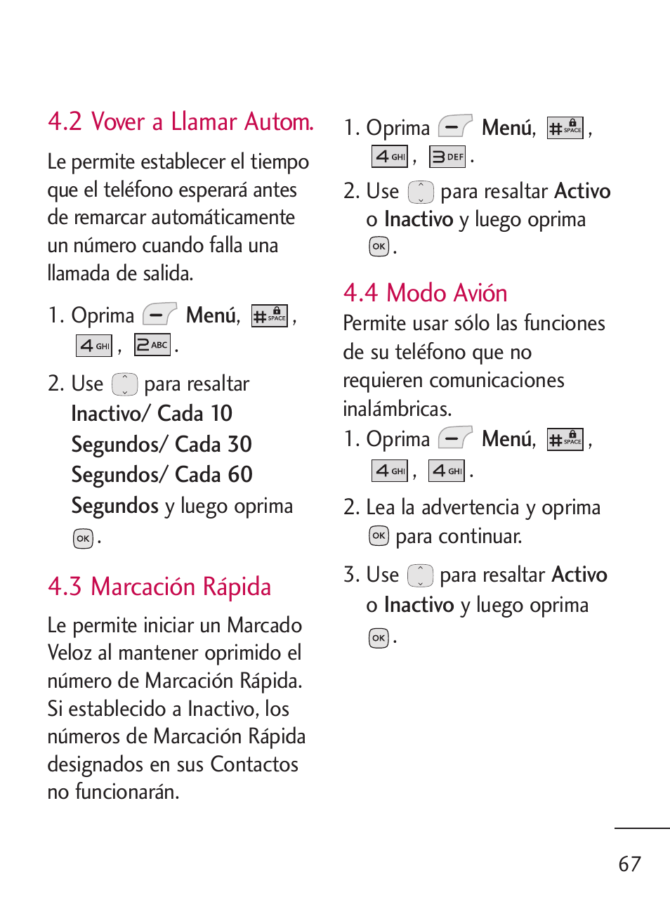 2 vover a llamar autom, 3 marcación rápida, 4 modo avión | LG LG235C User Manual | Page 169 / 217