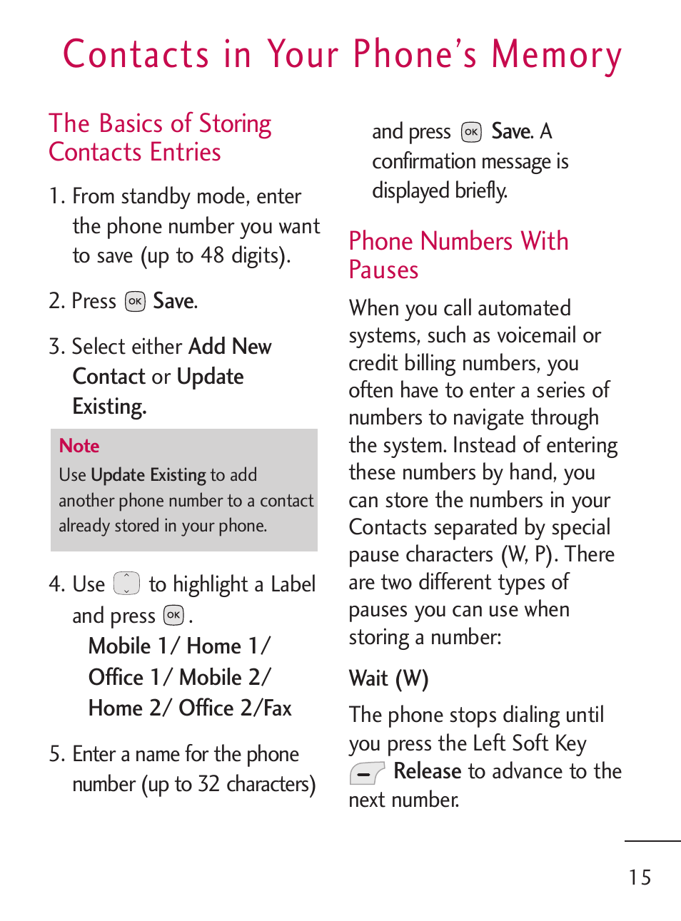 The basics of storing contacts entries, Phone numbers with pauses | LG LG235C User Manual | Page 17 / 217