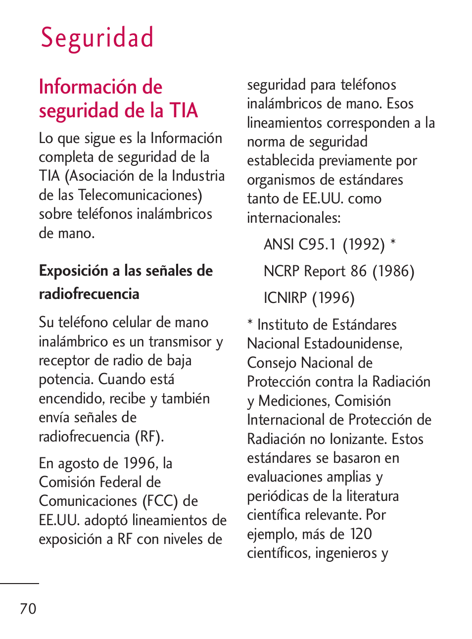 Seguridad, Información de seguridad de la tia | LG LG235C User Manual | Page 172 / 217