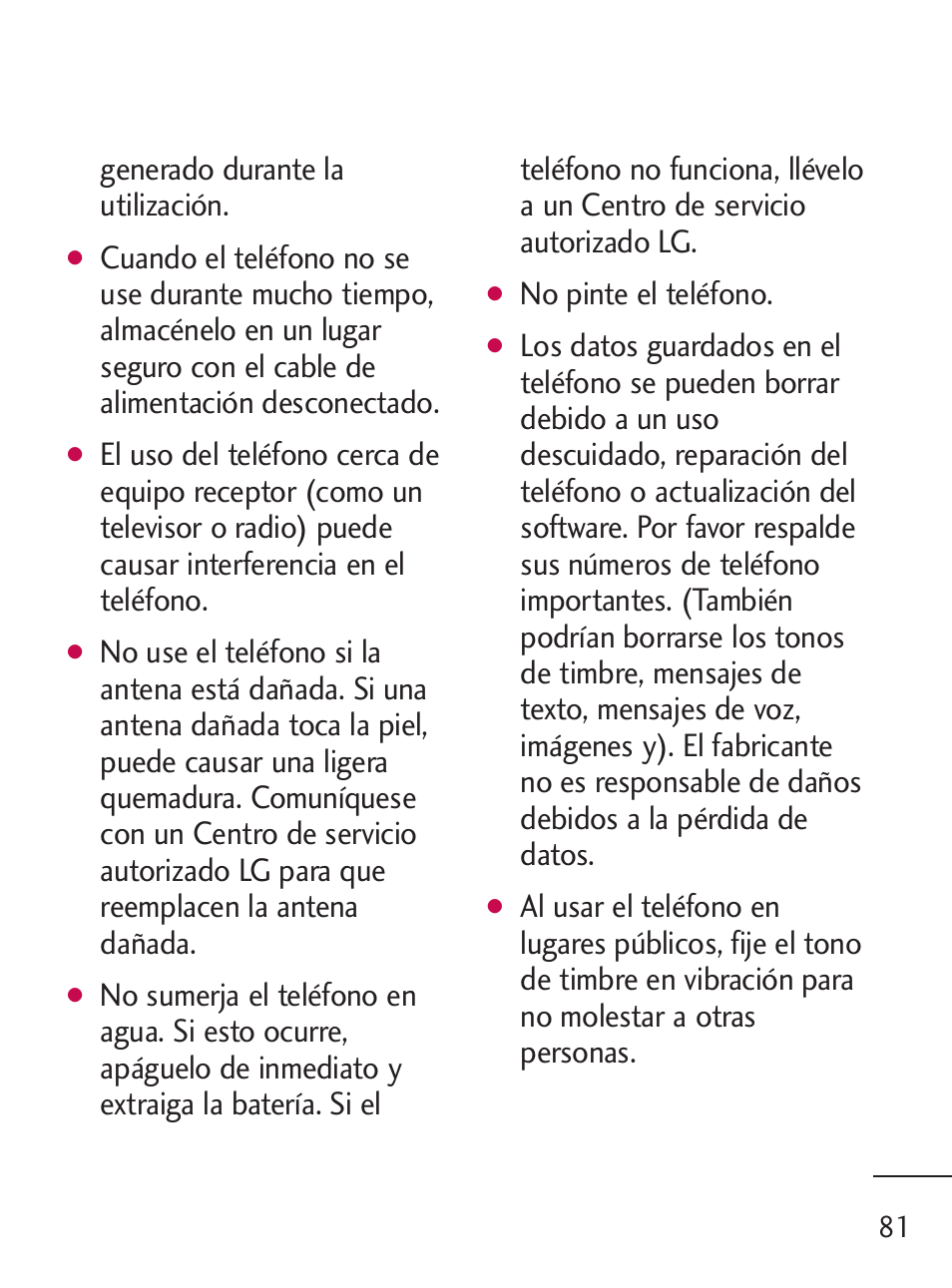 Generado durante la utilización, No pinte el teléfono | LG LG235C User Manual | Page 183 / 217
