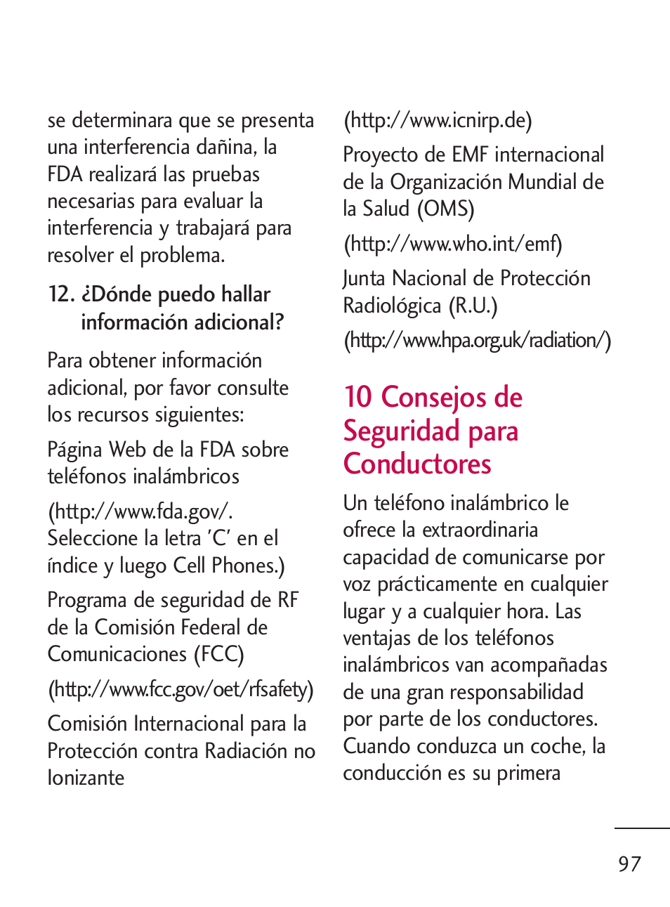 10 consejos de seguridad para conductores | LG LG235C User Manual | Page 199 / 217