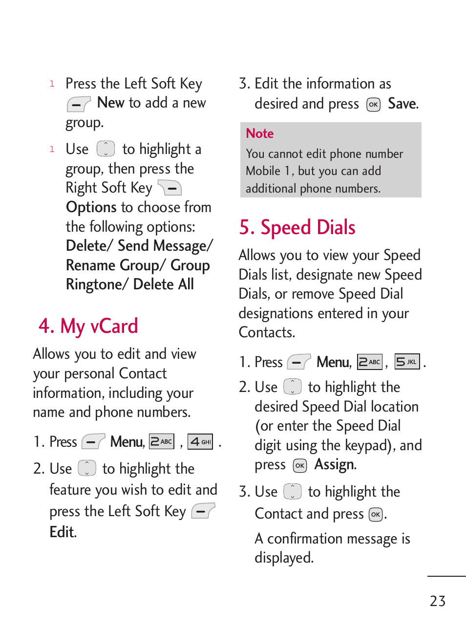 My vcard, Speed dials | LG LG235C User Manual | Page 25 / 217