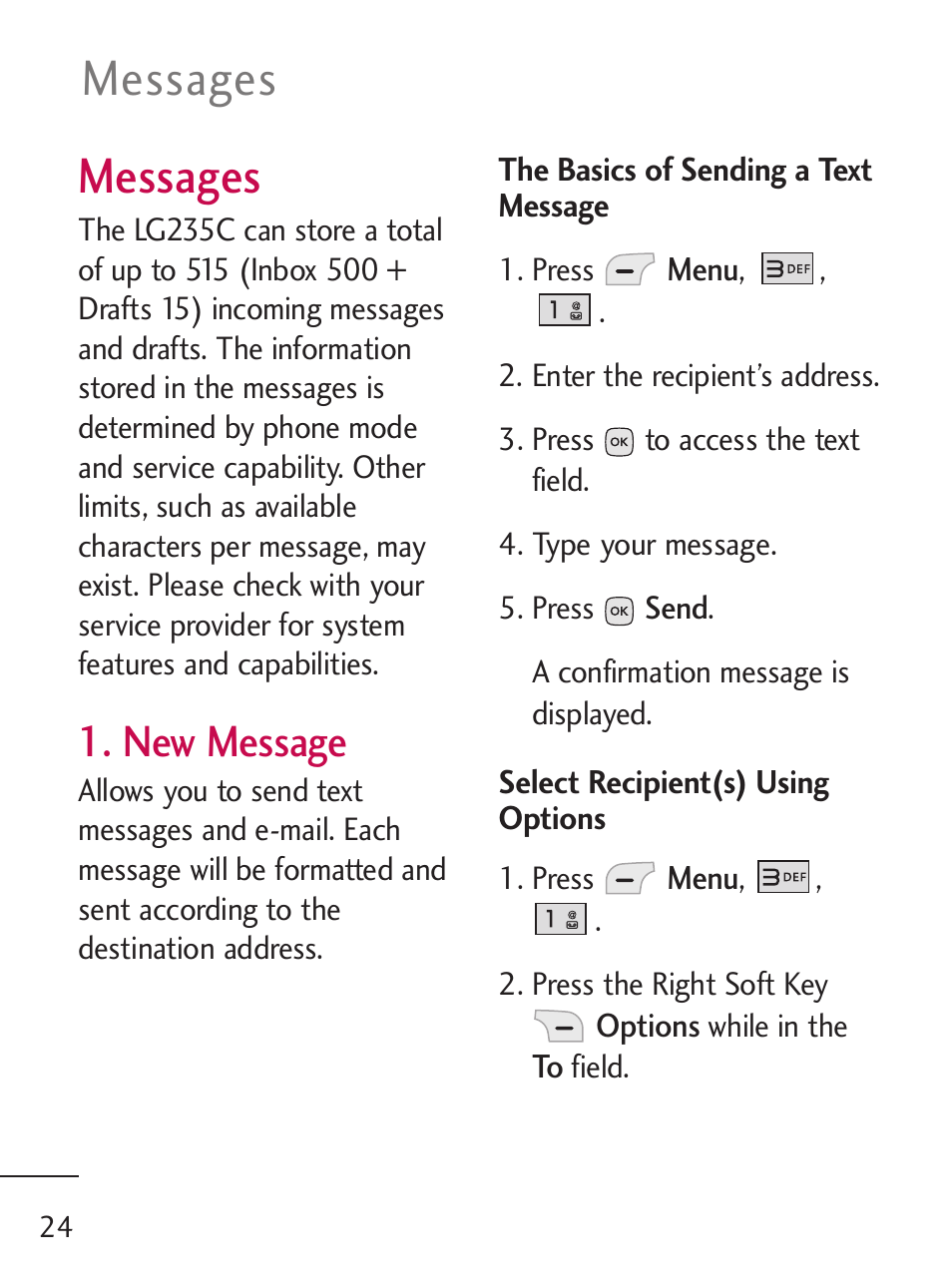 Messages, New message | LG LG235C User Manual | Page 26 / 217