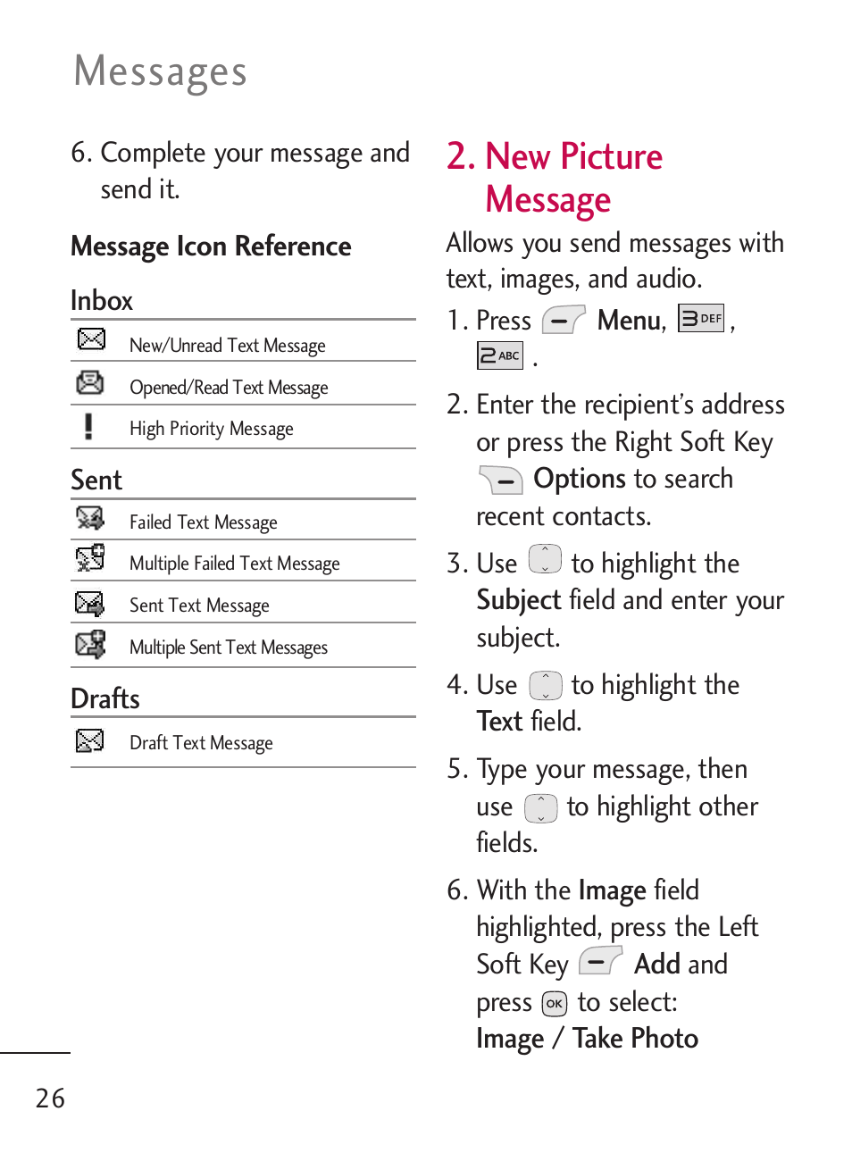 Messages, New picture message | LG LG235C User Manual | Page 28 / 217