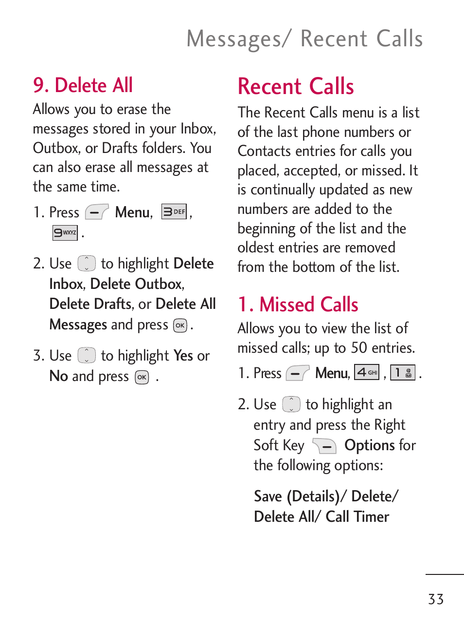 Recent calls, Messages/ recent calls, Delete all | Missed calls | LG LG235C User Manual | Page 35 / 217