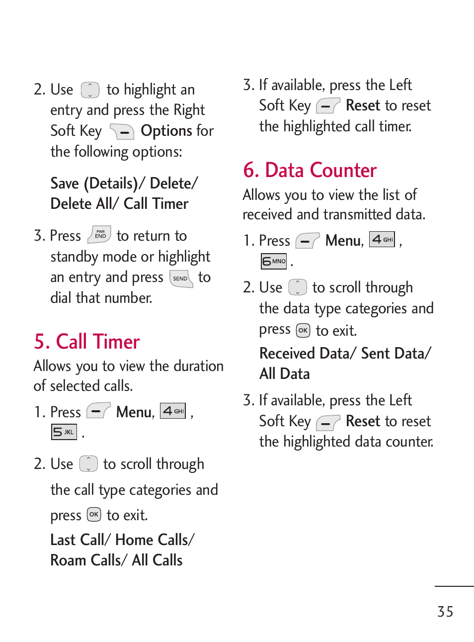 Call timer, Data counter | LG LG235C User Manual | Page 37 / 217