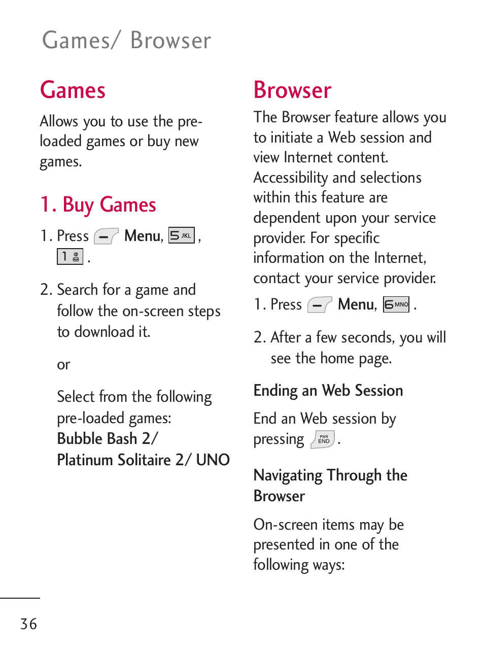 Games, Browser, Games/ browser | Buy games | LG LG235C User Manual | Page 38 / 217