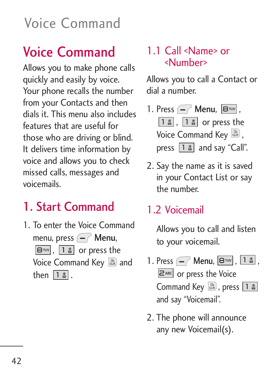 Voice command, Start command, 1 call <name> or <number | 2 voicemail | LG LG235C User Manual | Page 44 / 217