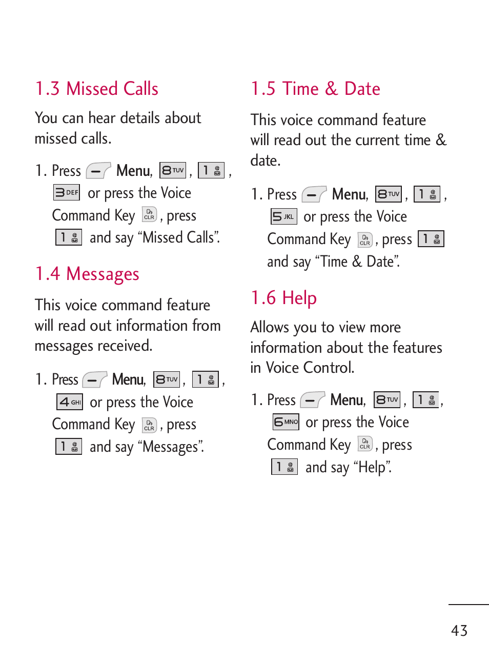 3 missed calls, 4 messages, 5 time & date | 6 help | LG LG235C User Manual | Page 45 / 217