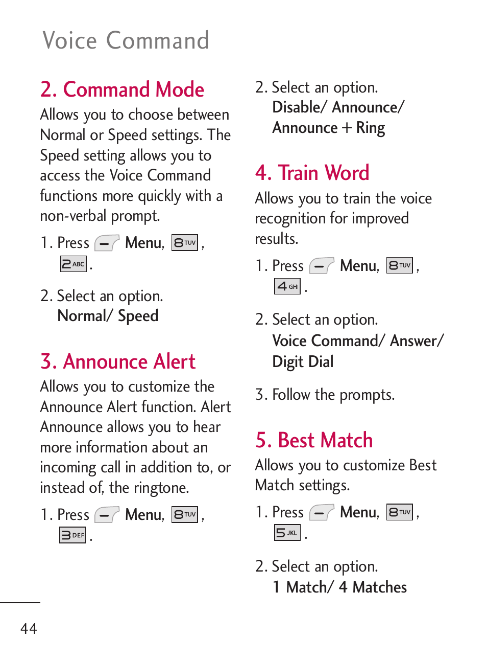 Voice command, Command mode, Announce alert | Train word, Best match | LG LG235C User Manual | Page 46 / 217