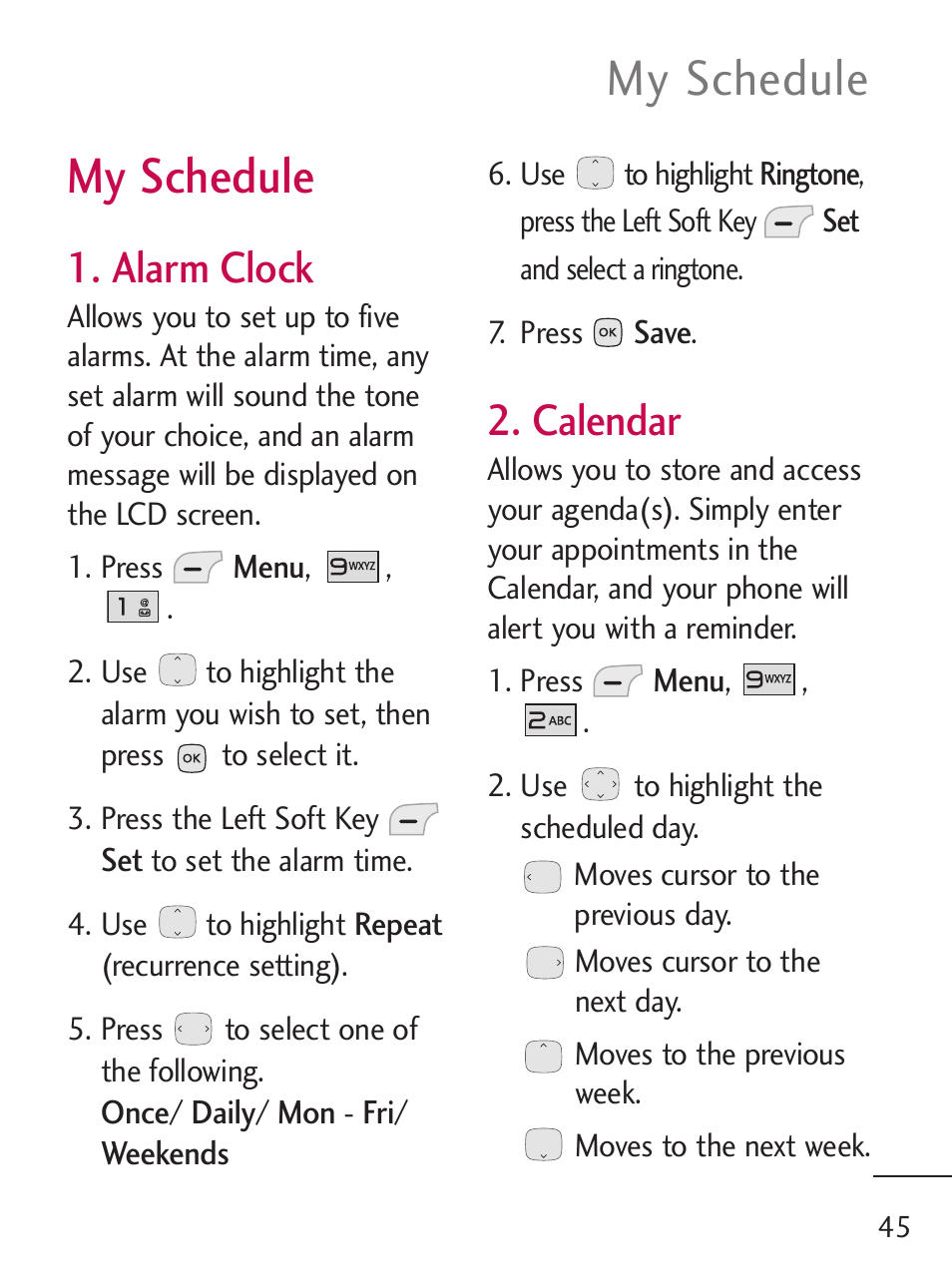 My schedule, Alarm clock, Calendar | LG LG235C User Manual | Page 47 / 217