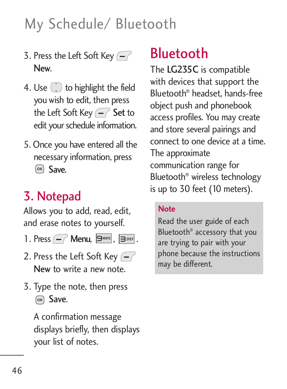 My schedule/ bluetooth, Bluetooth | LG LG235C User Manual | Page 48 / 217