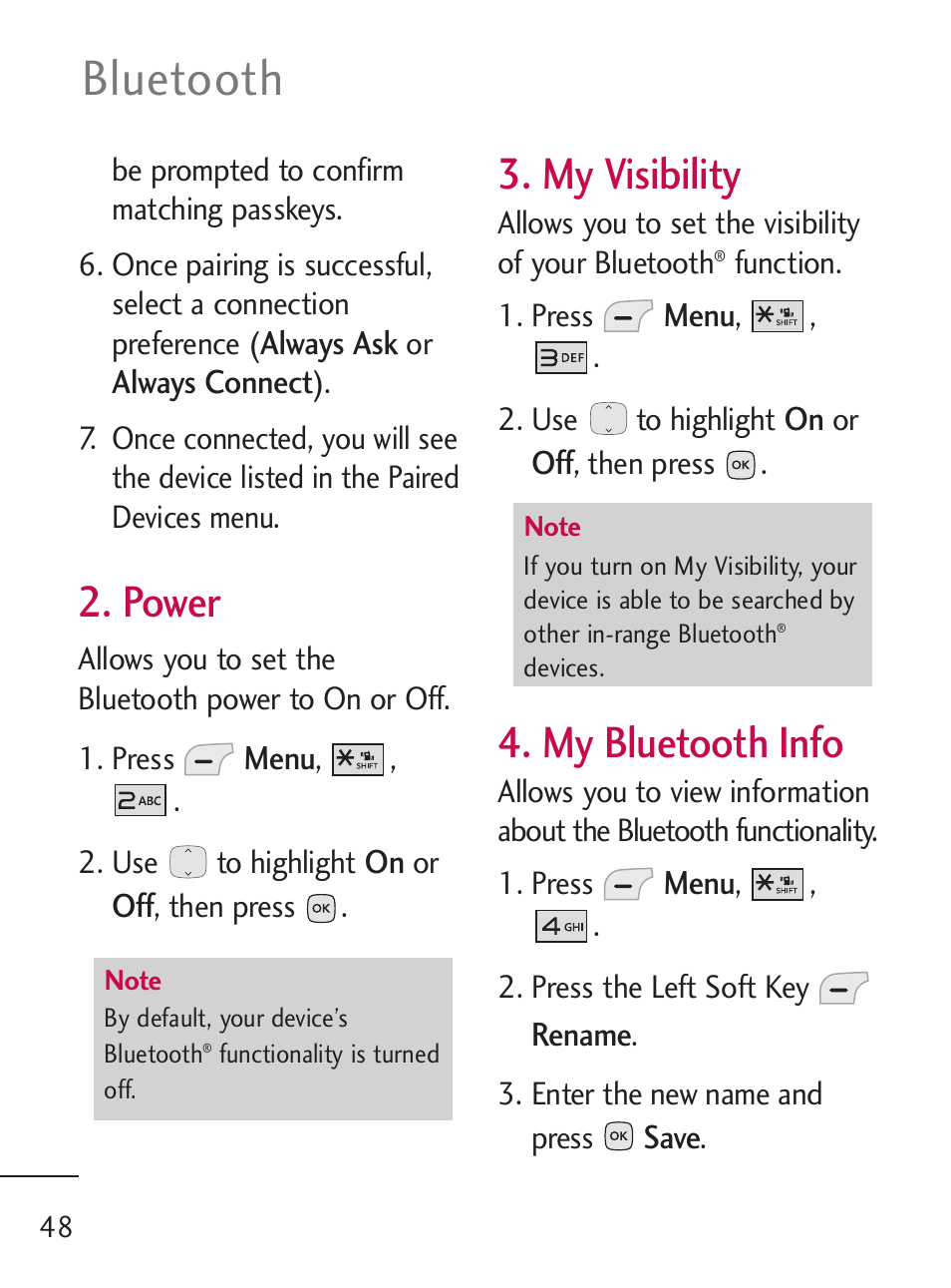 Bluetooth, Power, My visibility | My bluetooth info | LG LG235C User Manual | Page 50 / 217