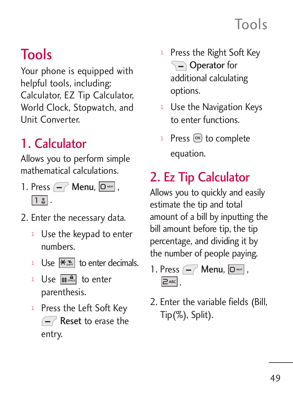 Tools, Calculator, Ez tip calculator | LG LG235C User Manual | Page 51 / 217