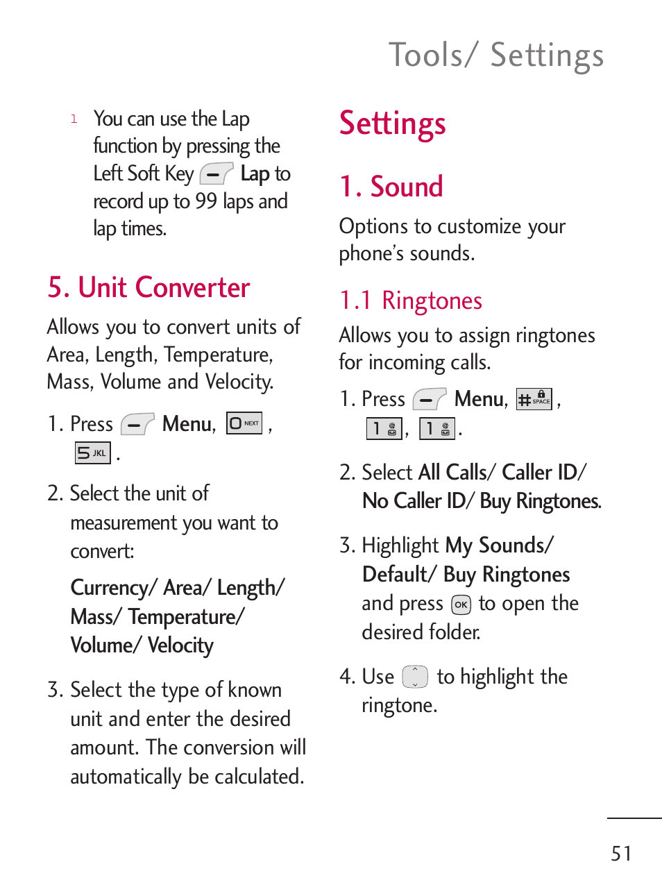 Tools/ settings, Settings, Unit converter | Sound, 1 ringtones | LG LG235C User Manual | Page 53 / 217