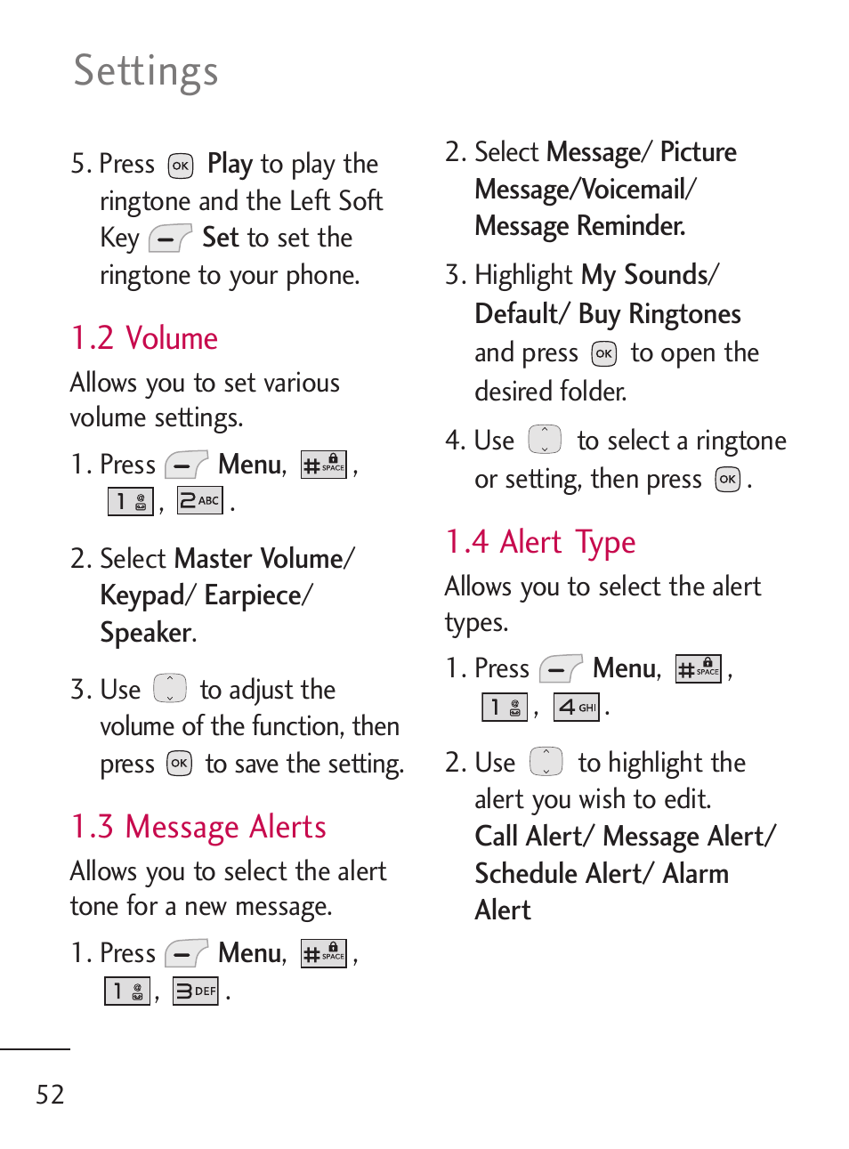 Settings, 2 volume, 3 message alerts | 4 alert type | LG LG235C User Manual | Page 54 / 217