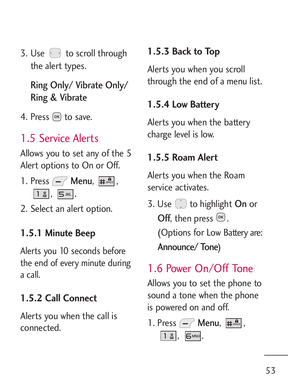 5 service alerts, 6 power on/off tone | LG LG235C User Manual | Page 55 / 217