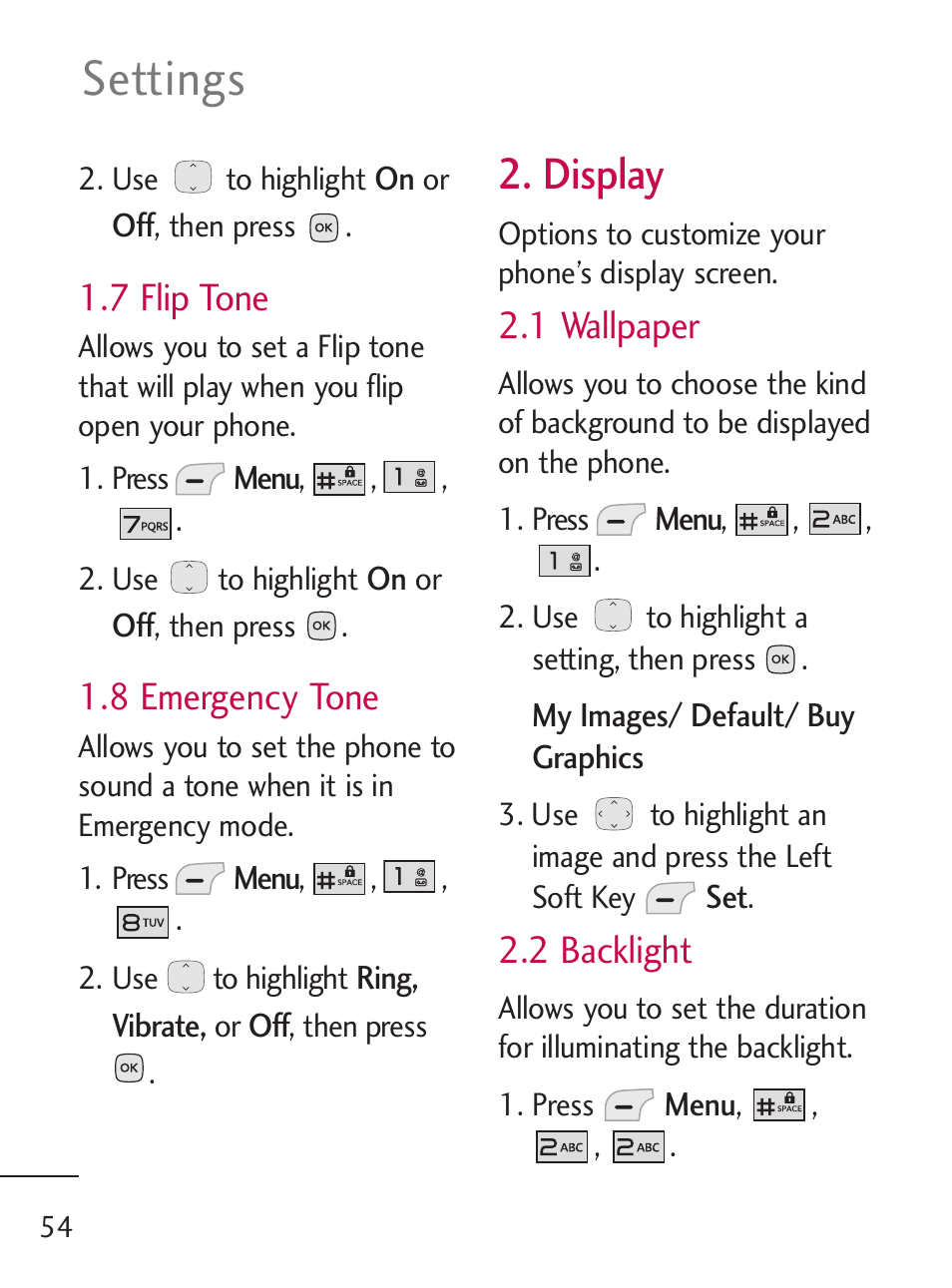 Settings, Display, 7 flip tone | 8 emergency tone, 1 wallpaper, 2 backlight | LG LG235C User Manual | Page 56 / 217
