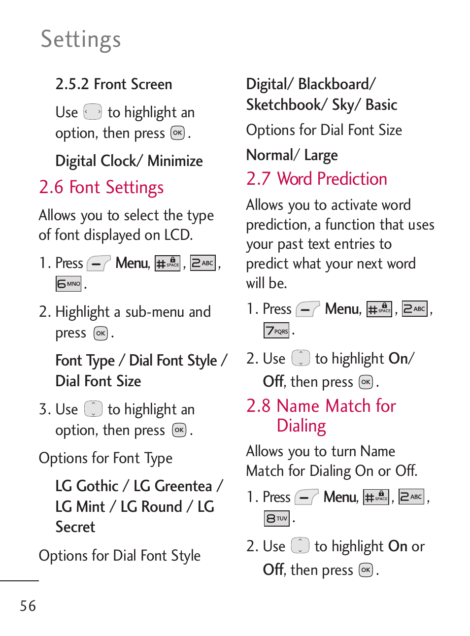 Settings, 6 font settings, 7 word prediction | 8 name match for dialing | LG LG235C User Manual | Page 58 / 217