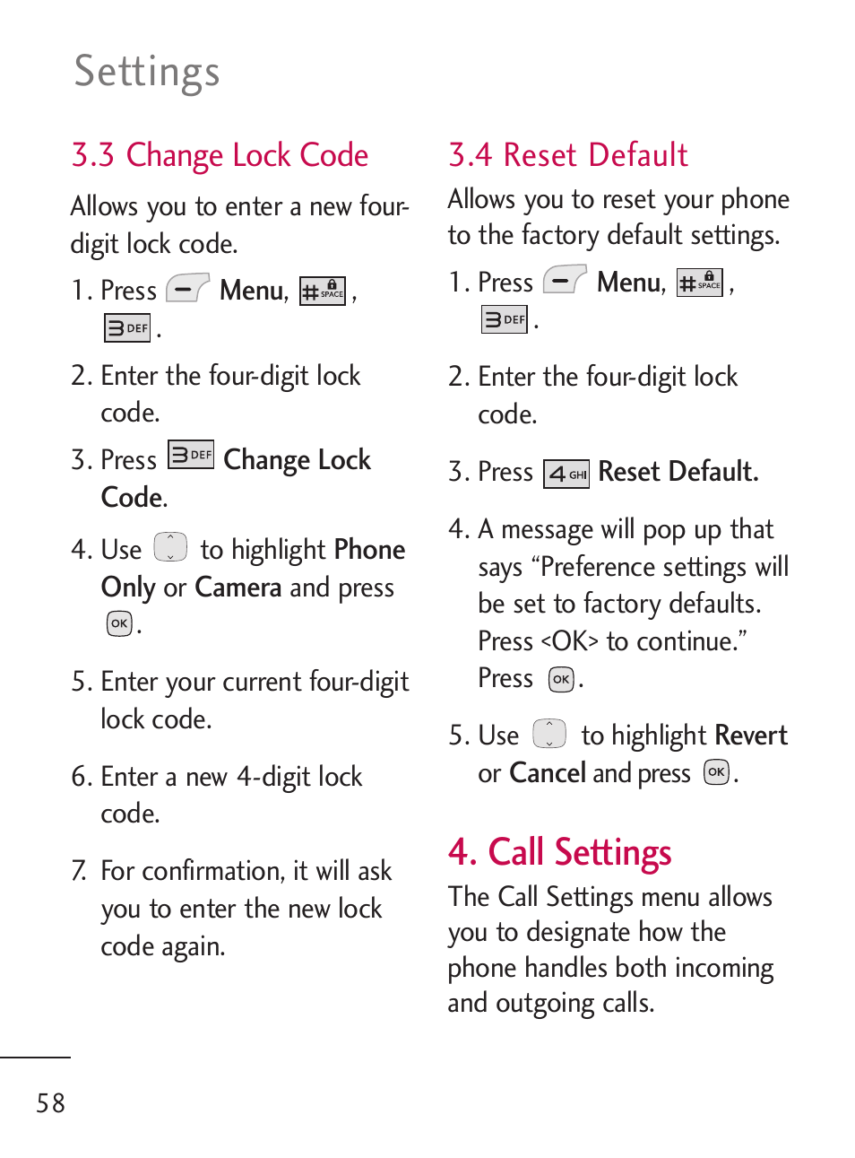 Settings, Call settings, 3 change lock code | 4 reset default | LG LG235C User Manual | Page 60 / 217