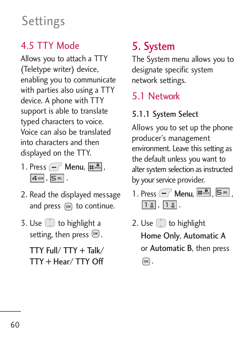 Settings, System, 5 tty mode | 1 network | LG LG235C User Manual | Page 62 / 217