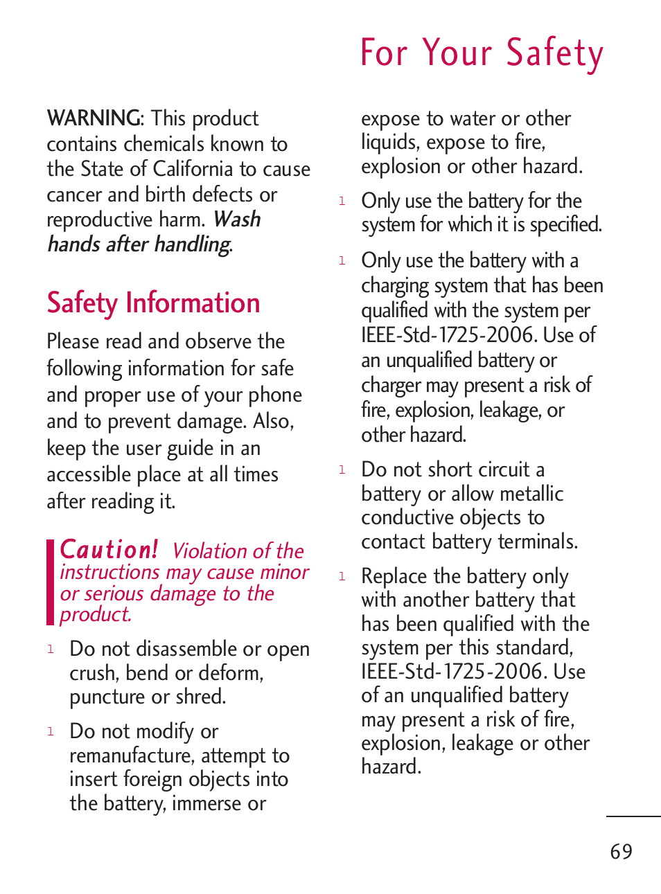 For your safety, Safety information | LG LG235C User Manual | Page 71 / 217