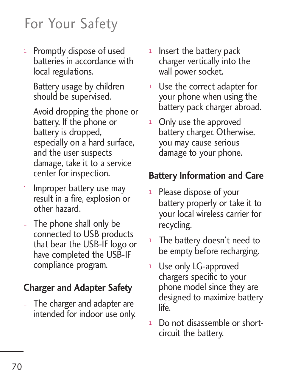 For your safety, Charger and adapter safety, Battery information and care | Battery usage by children should be supervised, Do not disassemble or short- circuit the battery | LG LG235C User Manual | Page 72 / 217
