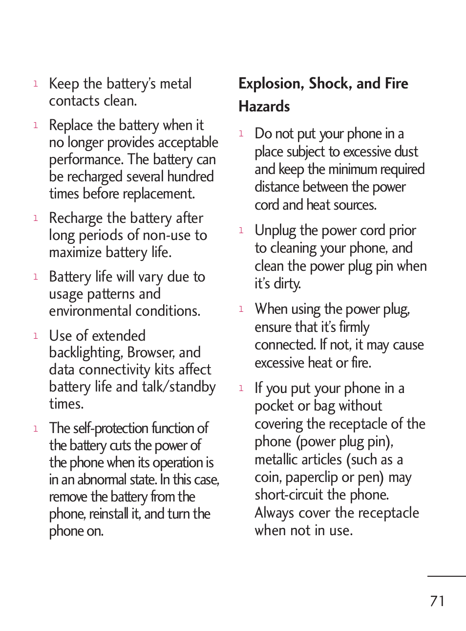 Explosion, shock, and fire hazards, Keep the battery’s metal contacts clean | LG LG235C User Manual | Page 73 / 217
