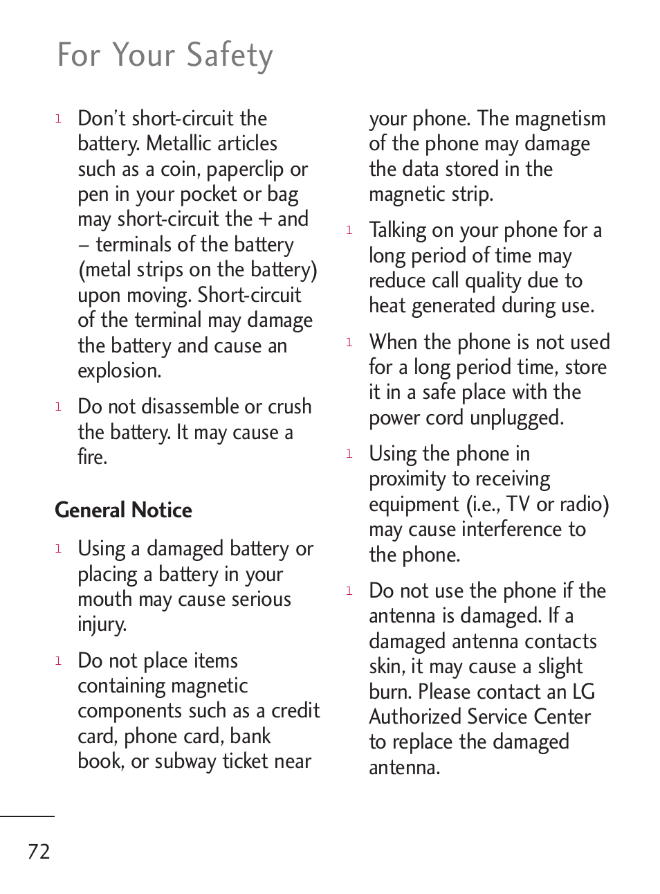 For your safety, General notice | LG LG235C User Manual | Page 74 / 217