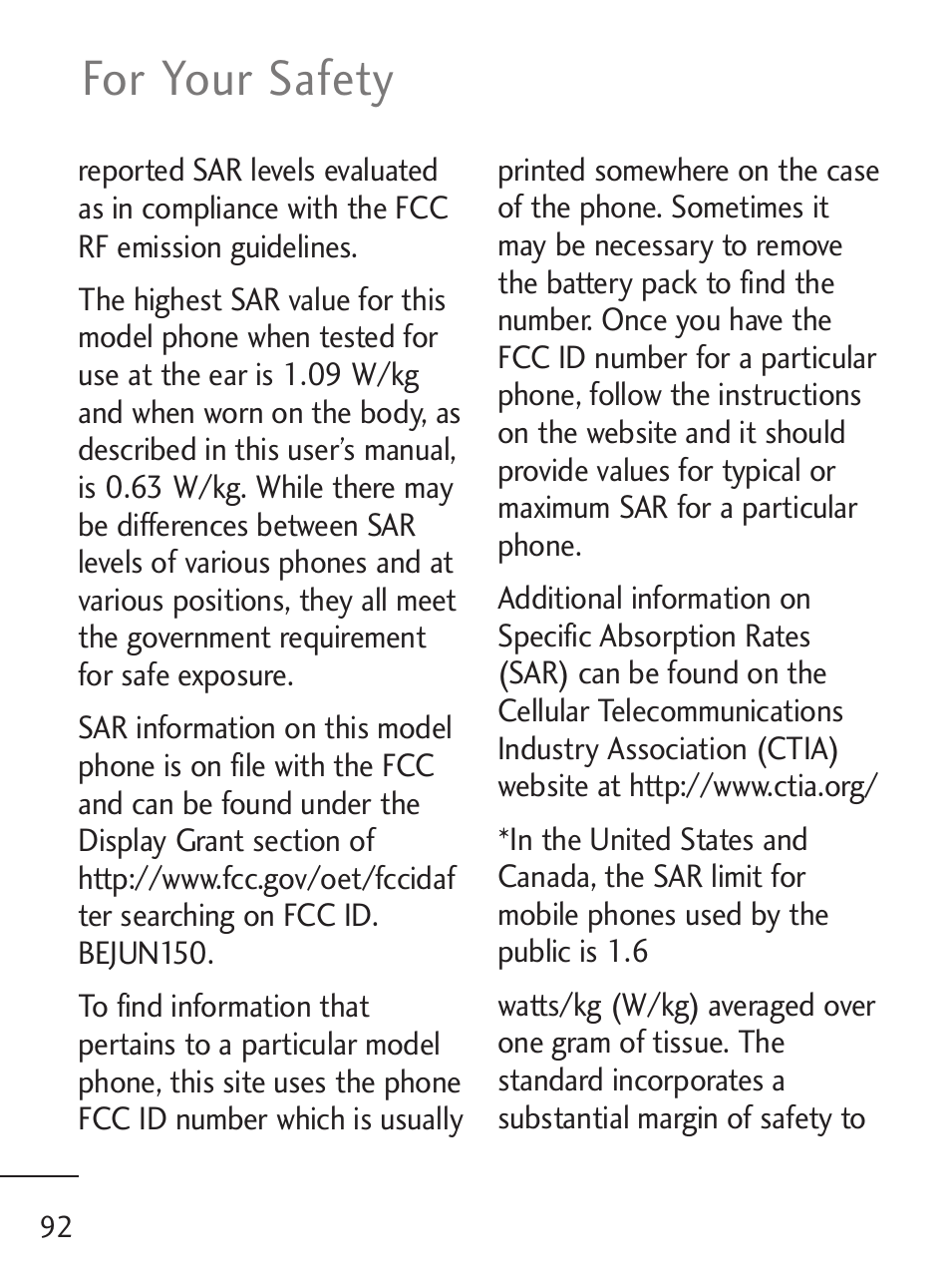 For your safety | LG LG235C User Manual | Page 94 / 217