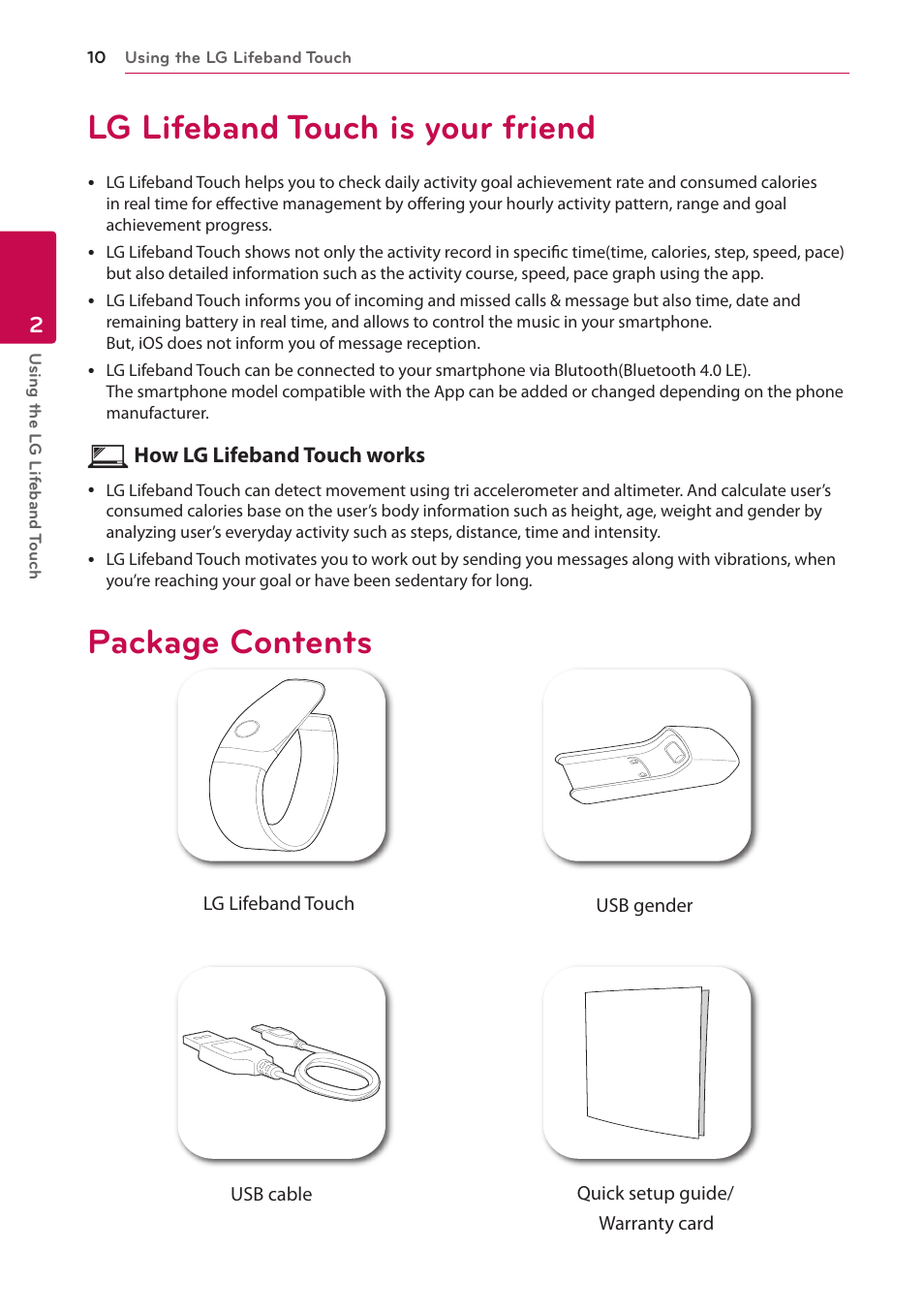 2 using the lg lifeband touch, Lg lifeband touch is your friend, Package contents | LG FB84-BM User Manual | Page 10 / 50