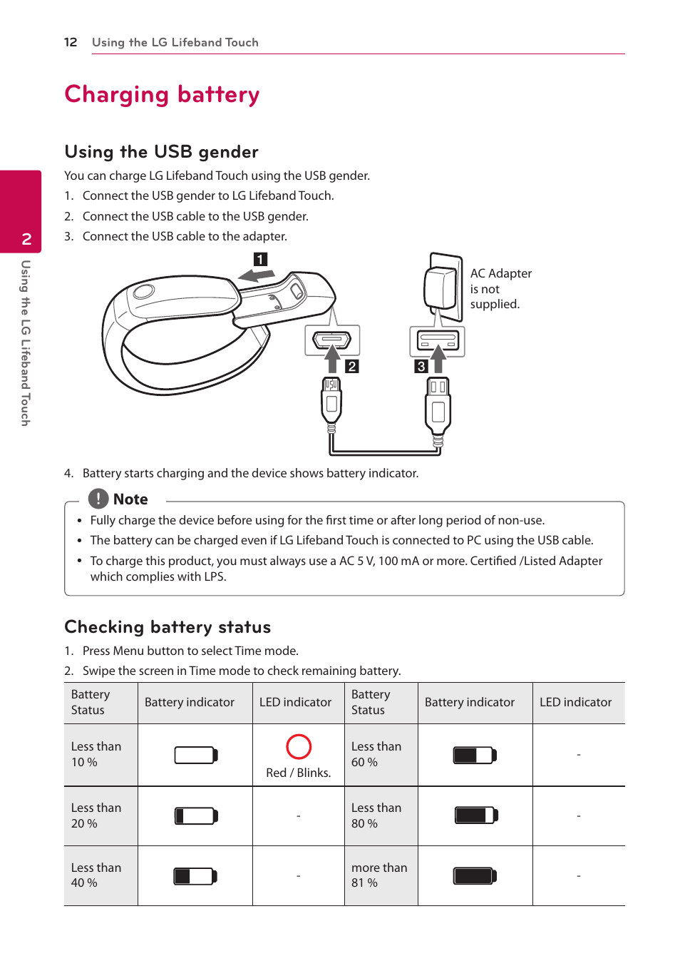 Charging battery, Using the usb gender, Checking battery status | LG FB84-BM User Manual | Page 12 / 50