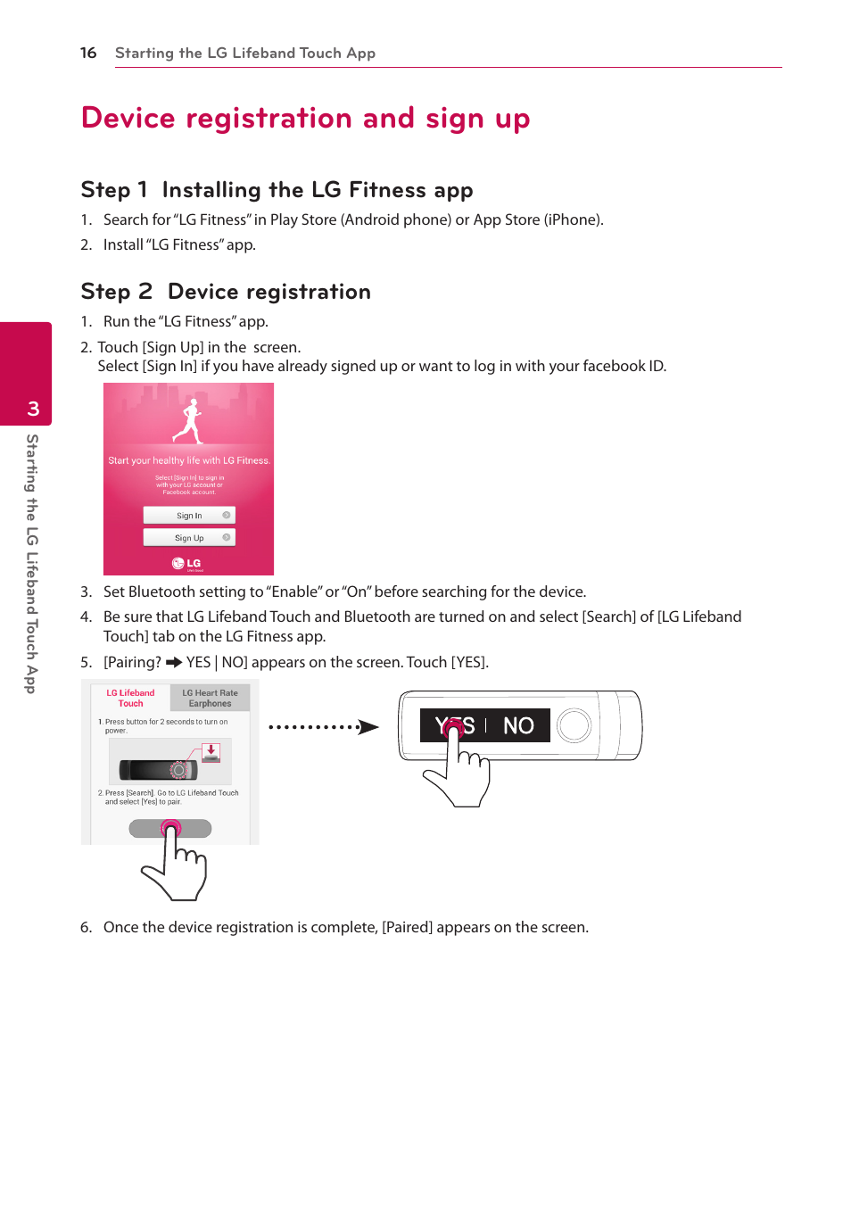 3 starting the lg lifeband touch app, Device registration and sign up, Step 1 installing the lg fitness app | Step 2 device registration | LG FB84-BM User Manual | Page 16 / 50