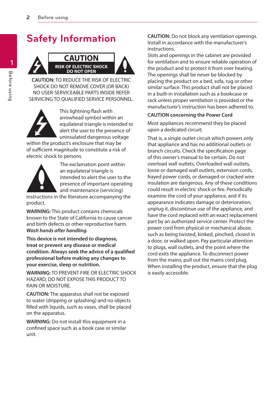1 before using, Safety information, Caution | LG FB84-BM User Manual | Page 2 / 50