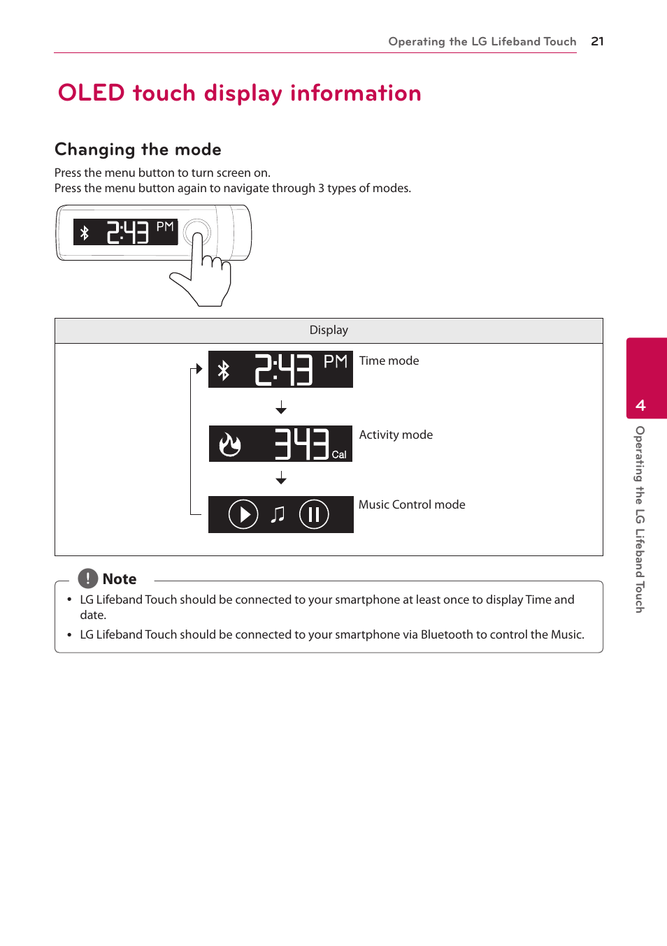 Oled touch display information, Changing the mode | LG FB84-BM User Manual | Page 21 / 50