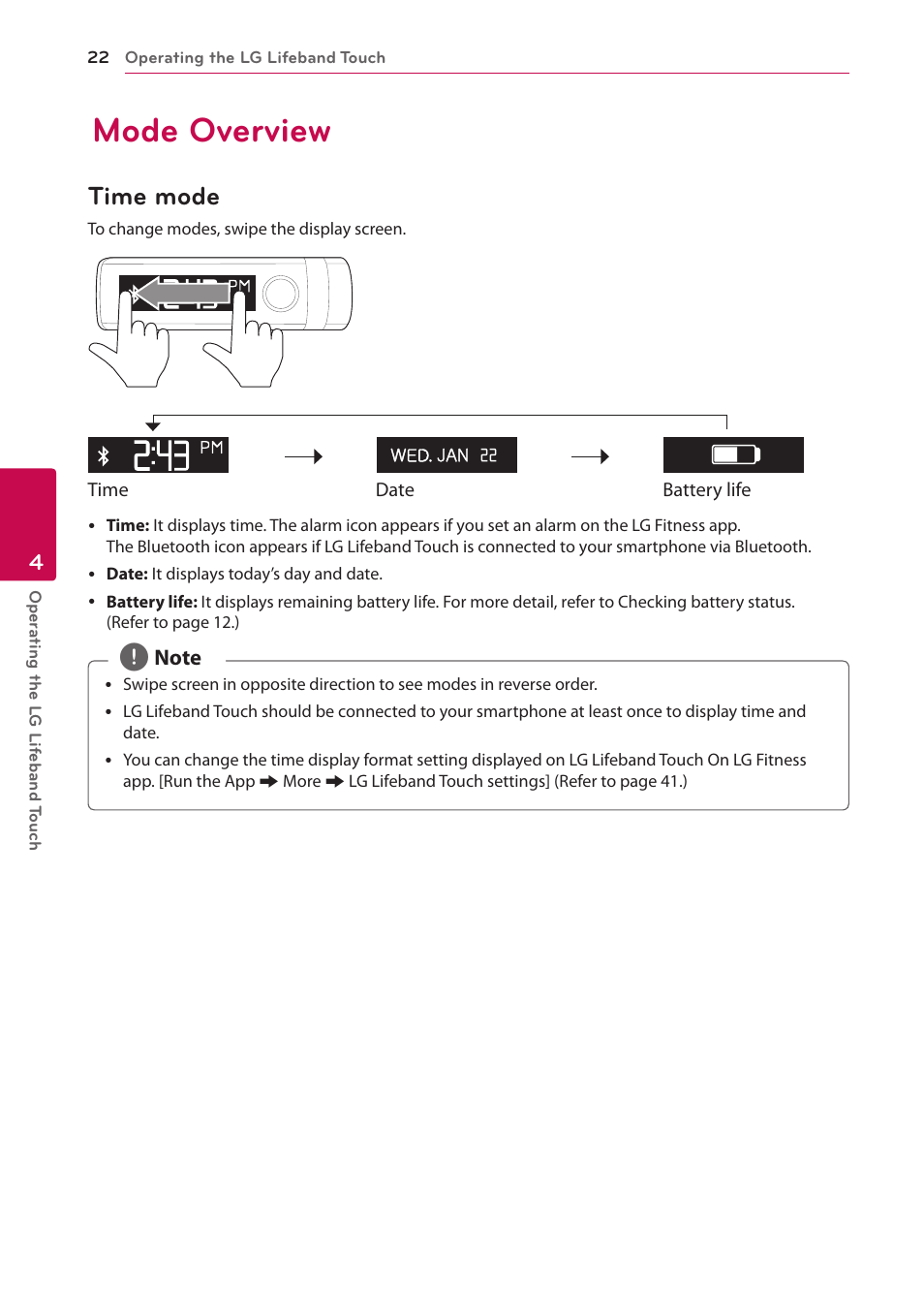 Mode overview, Time mode | LG FB84-BM User Manual | Page 22 / 50