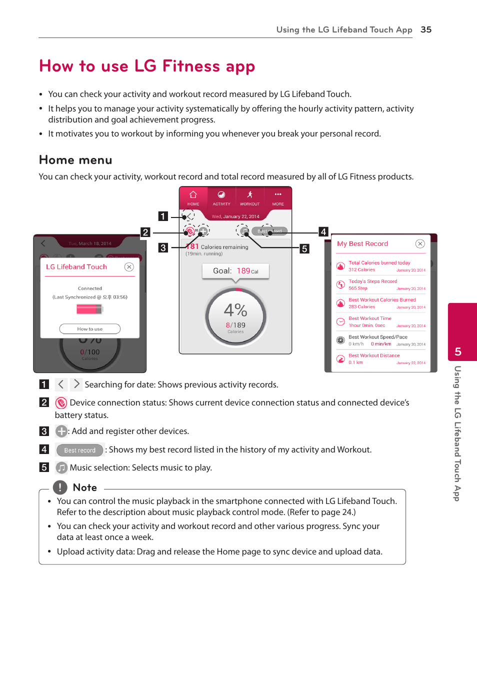 5 using the lg lifeband touch app, How to use lg fitness app, Home menu | LG FB84-BM User Manual | Page 35 / 50